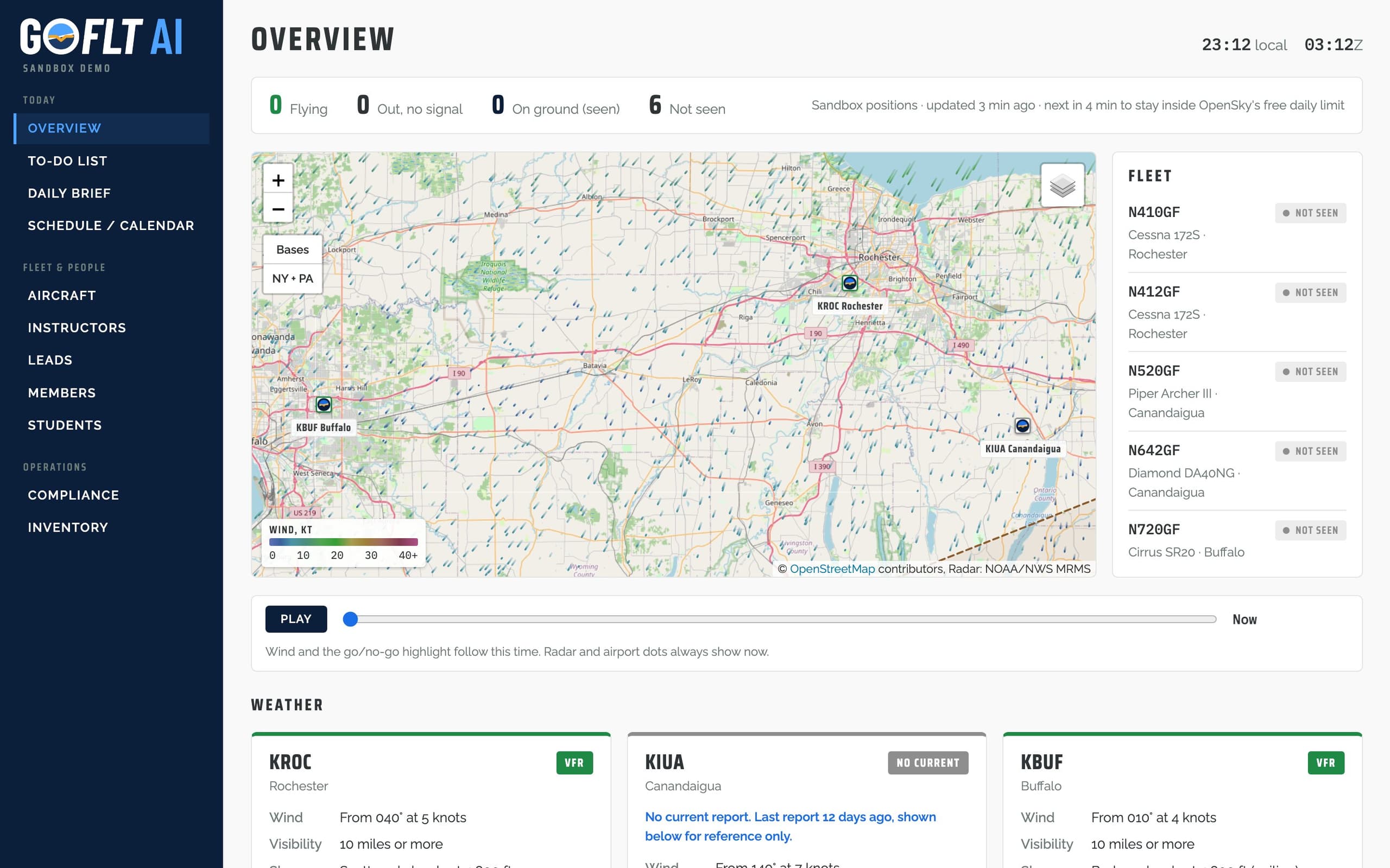 The GoFlt AI operations dashboard for a demo flight school: fleet status, a live map with wind, and weather for three airports